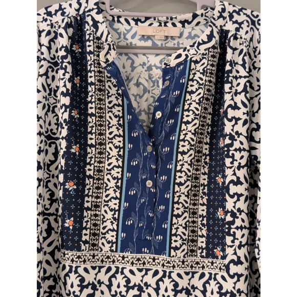 Women's LOFT Blue & White Patterned Long Sleeve Dress S - Picture 2 of 8